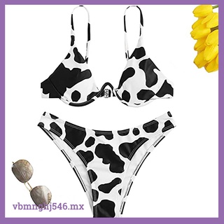 (vbmnghj546.mx) mujer sexy de pecho alto contraste de vaca impresión tubo top split bikini conjunto traje de baño (1)