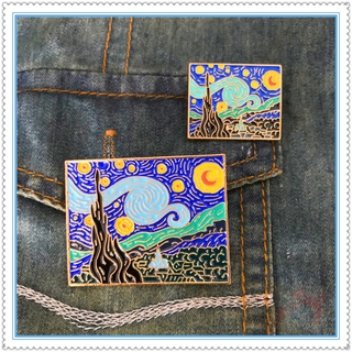 Los broches cuadrados de noche estrellada 1 pieza Vincent Van Gogh moda Doodle esmalte pines mochila botón insignia broche (2 tamaños)