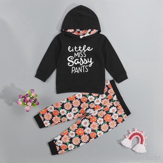 Pop Girls Casual conjunto de ropa de dos piezas, jersey con capucha negro y pantalones estampados florales