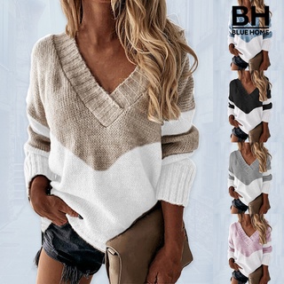 BH Women Sweater Contrast Color Patchwork Autumn Winter V Neck Long Sleeve Knitted Pullover Top Streetwear