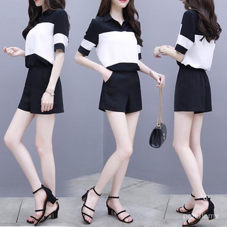 transpirable estilo coreano traje femenino summer2021new mujer gasa negro y blanco Chamarra con pantalones cortos de moda internet caliente traje de dos piezas