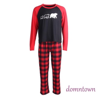 ♔Gb♂Padre-hijo de navidad pijamas traje, cuello redondo camiseta + cuadros pantalones largos/Patchwork body