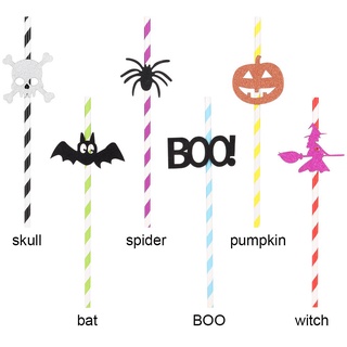 maravilloso 10pcs diy pajitas decoración brujas arañas murciélagos calabazas papel paja festival fiesta rayas hogar feliz halloween (2)
