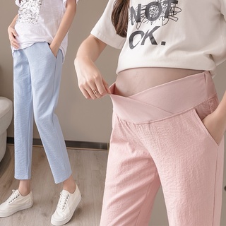 Spring Summer Thin Cotton Linen Maternity Pants 9/10 Elastic Waist Belly Casual Pants Clothes for Pregnant Women Pregnancy