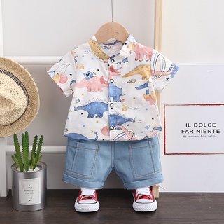 Chico traje de moda masculino bebé dinosaurio patrón camisa + jeans conjunto de 2 piezas