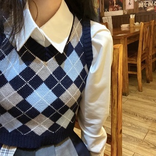 Primavera y otoño estilo coreano Retro estilo universitario traje de mujer corto rombos a cuadrosVConjunto de dos piezas de camisa blanca con cuello de punto (1)