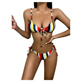 Women Sexy Colorful Striped Tie Side Bandeau Tie Side Swimsuit BIkini Beachwear ♕fiona01♕ (1)