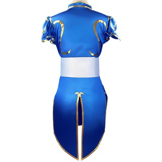 Game Street Fighter5 Chun-Li Cosplay Cheongsam Costumes Women Dress Set Coat Cheongsam Halloween Party Blue Skirt (4)