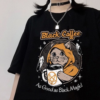 Verano Goth mujer gato impresión T-shirt estética suelta mujer Punk oscuro Grunge Streetwear señoras gótico Top Harajuku ropa y2k