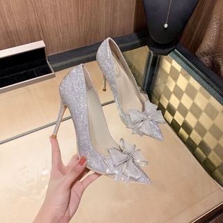 2021 Solo Zapatos De Las Mujeres Todo Combinado Punta Estilo De Hadas Arco Baotou Diamantes De Imitación Tacón De Aguja Cristal Dama De Honor Alto (1)