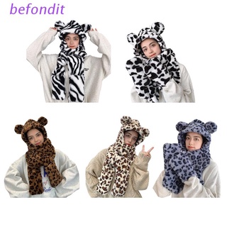 bef mujeres imitación conejo piel caliente leopardo tigre piel patrón bufandas para invierno capucha bufanda sombrero conjunto de señoras niñas tapas