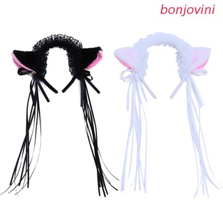 bonjo Fluffy Plush Cat Ears Headband with Small Bells Ribbon Tassels Ruffles Lace Lolita Anime Kawaii Cosplay Party Hair Hoop