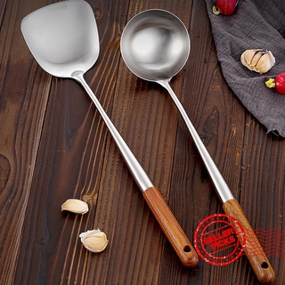 Stainless Steel Kitchen Wok Spatula Spoon Chinese Cooking Wooden Bar Durable Handle Tools B5X9