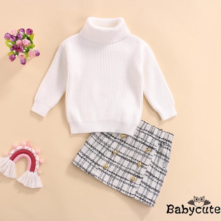B-b2 Pcs bebé Casual trajes, niñas Color sólido manga larga suéter cuello alto + falda a cuadros con botones
