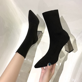 Botas finas de tacón alto puntiagudas para mujer otoño e invierno 2020 nuevos calcetines de punto botas botas elásticas de tubo medio botines rojos de tacón grueso de red (1)