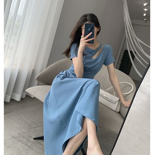 HL Francés elegante diseño de cuello redondo moda manga corta adelgazante falda larga plisada azul vestido de 1000 €
