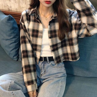 Las mujeres de manga larga camisa a cuadros coreano suelto todo-partido blusa Top estilo universitario camisas Tops