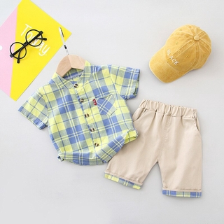 Nuevo verano bebé niños conjuntos de ropa niños niñas cuadros solapa camisa+pantalones cortos 2 piezas trajes bebé niños ropa Casual trajes
