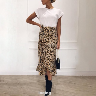Cintura alta moda verano volantes leopardo impresión falda de las mujeres