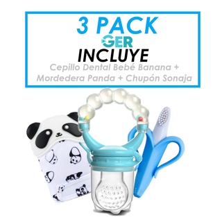 Cepillo Dental para Bebé Banana + Mordedera Panda + Chupón Sonaja Kit Azul GER (1)