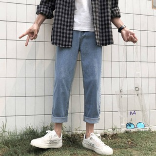 Versión Coreana De Moda Estudiante Casual Pantalones De Los Hombres De Estilo Hong Kong Tobillo De Longitud Jeans Desgaste De La Calle Suelto Recto [Vansar]