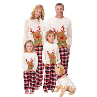 coincidencia de pijamas de navidad de la familia, manga larga de dibujos animados tops de ciervo + cuadros