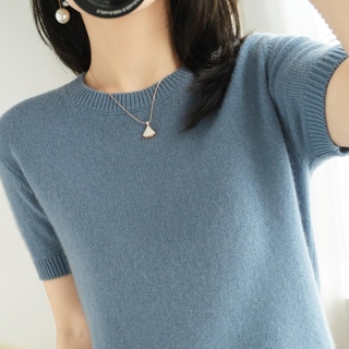 2021 de punto T-Shirt de las mujeres de cuello redondo corto de cuello alto de la mitad de la manga suéter suelto de gran tamaño de manga corta camisa de fondo (3)