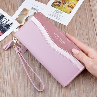nueva cartera de las mujeres bolso de embrague largo cremallera borla coreana moda color contraste gran capacidad cartera teléfono móvil bolsa