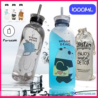 botella de agua para niños 1000ml/1 litros/1L Panda Water Cup with Straw/Leakproof/Clear Frosted/Transparent/Cartoon Bear Pattern Suction Bottle (1)