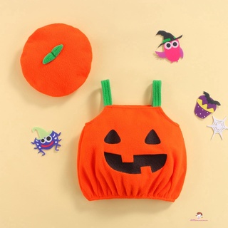 Xzq7-tops de bebé disfraz de calabaza de Halloween de dibujos animados Casual liguero jersey Tops y sombrero trajes (2)