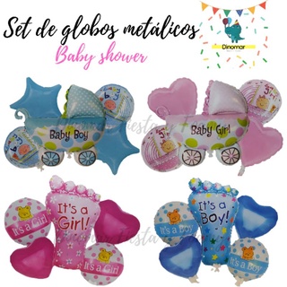 Set globos metálicos baby shower 5 piezas decoración carreola o pie bebé rosa o azul balloons metálicos