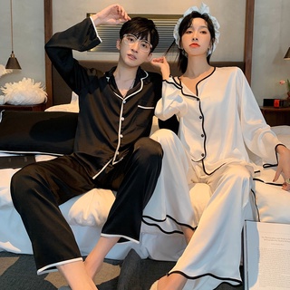 primavera y verano pareja pijamas de hielo de seda de los hombres y las mujeres estudiante ropa de hogar de manga larga artificial de seda delgada estilo coreano2021new