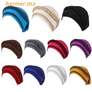 HAR1 Women 2-Tone Color Block Muslim Turban Cap Glitter Twisted Braid Hair Loss Head Wrap Stretch Beanies Cancer Chemo Hat