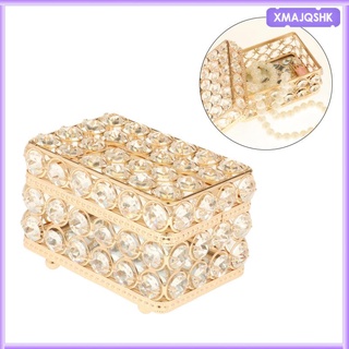 [xmajqshk] Gold Crystal Jewelry Box Trinket Box with Lid Rings Earrings Box with Glass Mirror Surface Inside for Wedding Decor