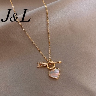 J&L Korean Necklace Jewelry Fashion Gold Alloy Shell Heart Crystal Arrow Pendant Necklace for Women