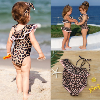 Leiter_niño niños bebé niñas leopardo borlas Bikini de una pieza traje de baño de playa trajes de baño