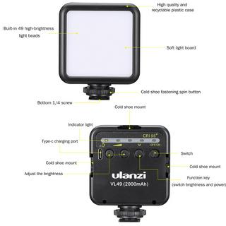 ulanzi VL49 Mini LED luz de vídeo fotografía lámpara 6W regulable 5500K CRI95+ batería de litio recargable incorporada con montaje de zapata fría para cámara DSLR (4)