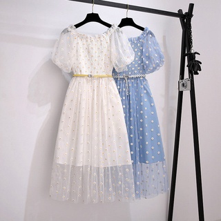Nuevo vestido de moda de verano de las mujeres de la mitad de la longitud larga cintura adelgazante blanco azul de la malla de malla