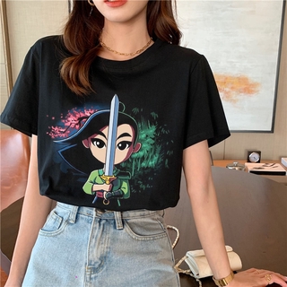 Mulan Princesa Manga Corta Camiseta Top Verano Mushu Punk Streetwear Kpop Mujer Negro