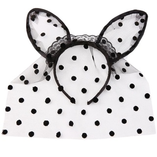 R-r mujeres Sexy malla orejas de gato diadema volantes encaje lunares negro máscara velo pelo aro de Halloween disfraz Cosplay fiesta tocado