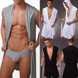 Moda de los hombres Sexy Ultra delgado de seda sin mangas con capucha bata de baño pijamas ropa de dormir