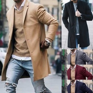 Men Cotton Coat Winter Trench Solid Color Overcoat Long Sleeve Jacket