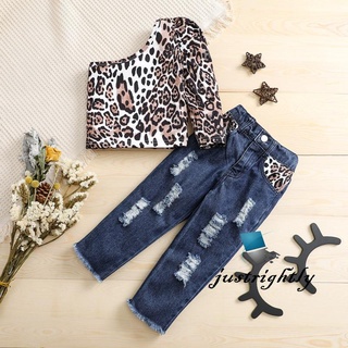 Conjunto de ropa con estampado de leopardo para chicas, manga larga, un hombro, pantalones vaqueros con bolsillos