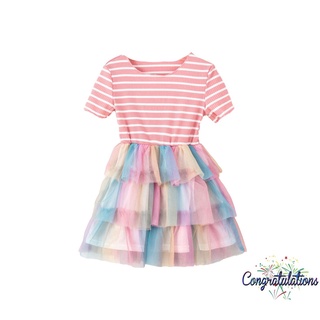 CON-Girl’s Casual Short Sleeve Dress Fashion Stripe Mesh Yarn Stitching