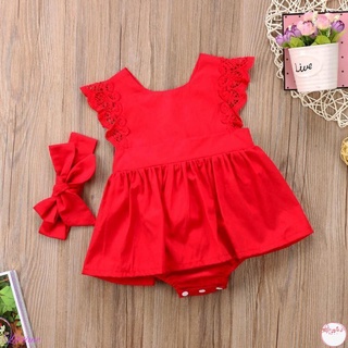 Bodysuit Dress Sleeveless Baby Girls Cotton Lace Jumpsuit Bow Hair Band Red (3)
