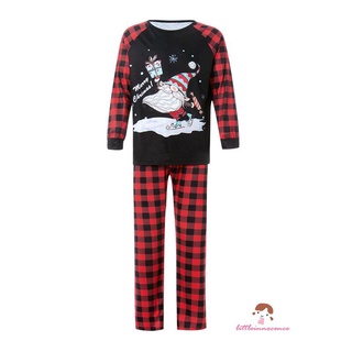 Xzq7-navidad padre-hijo familia coincidencia pijamas, Santa Claus impresión cuadros manga larga cuello redondo ropa de dormir para madre/padre/bebé/niño (3)