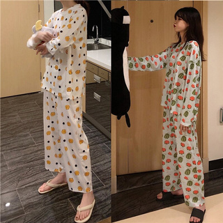 Pijamas conjunto de manga larga suelta de gran tamaño de servicio a casa de dos piezas traje de dibujos animados fruta de manga larga camisa + pantalones (3)