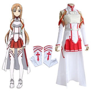 Disfraces de Asuna Yuuki para Cosplay, uniforme de Anime de Sword Art Online para Halloween, traje de batalla de rasga, conjunto completo de guantes y (9)