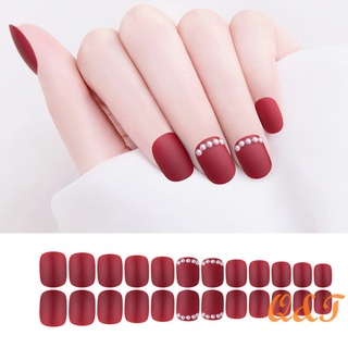 Fake Nails Burgundy Frosted Pearls Short Wear Nail Stickers Finished Nails 24pcs With Glue