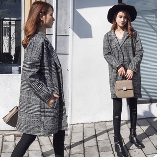 Women Thick Woolen Coat Long Sleeve Suit Collar Plaid Single-breasted Coat